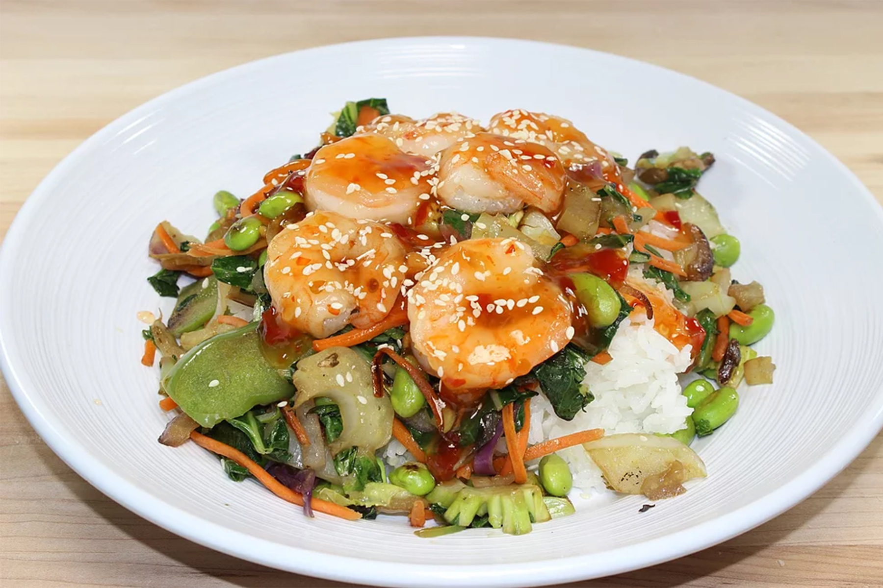 Sweet Chile shrimp bowl with rice and stir fried vegetables