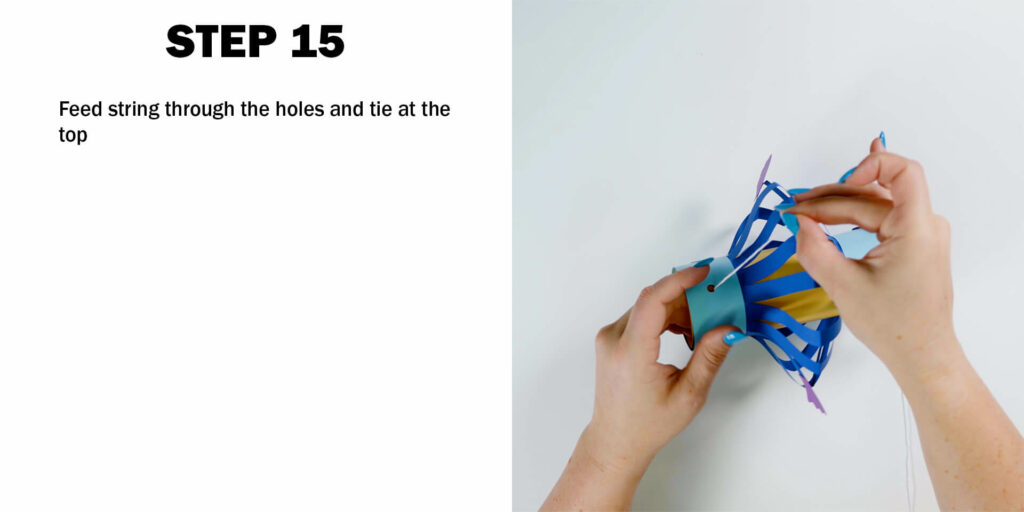 crafter pulls string through the holes